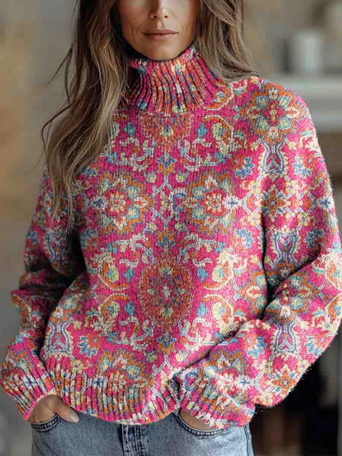 Lucy | Retro Ethnischer Floral-Turtleneck