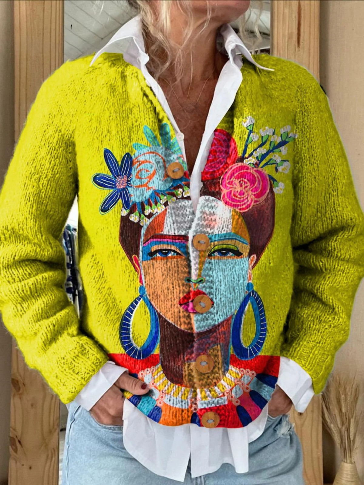 Ölgemälde Freda Porträt Kunst Bedruckter Knopf-Cardigan Pullover