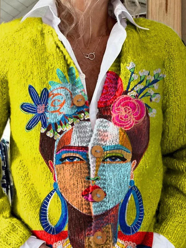 Ölgemälde Freda Porträt Kunst Bedruckter Knopf-Cardigan Pullover