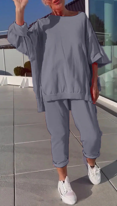 Louniva™ - Damen Freizeit-Zweiteiler mit Rundhals-Top und Hose