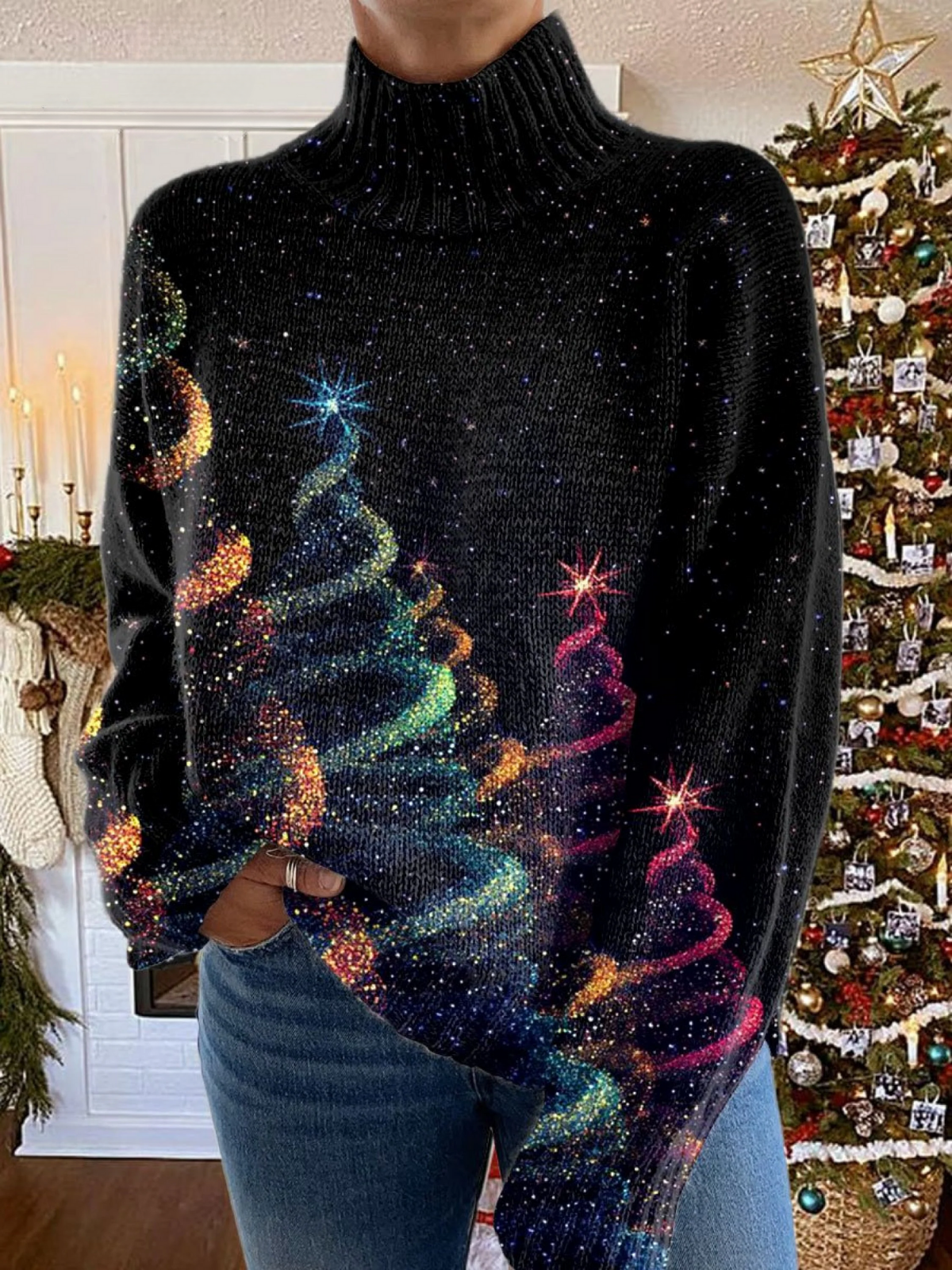 Mohnblume | Glitzernder Weihnachtsbaum-Turtleneck-Pullover