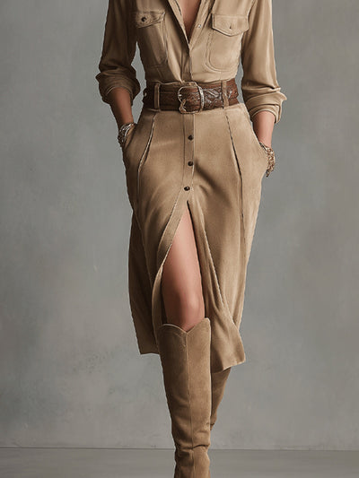 Braunes modisches Midi-Kleid aus Wildleder für Damen