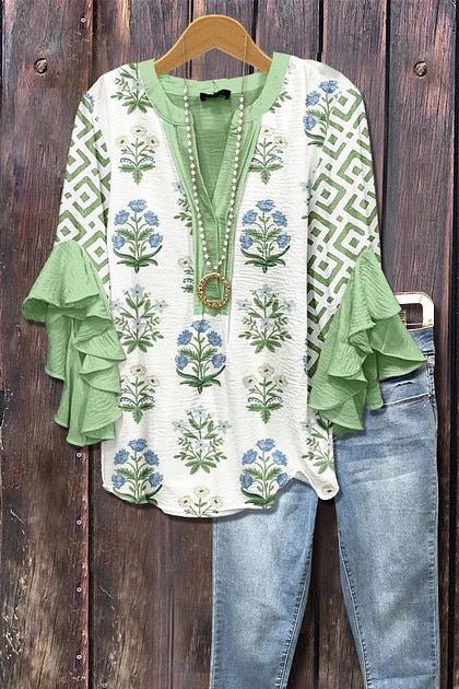 Florina™ - Bluse mit Blumenmuster, Volantärmeln und femininem Schnitt