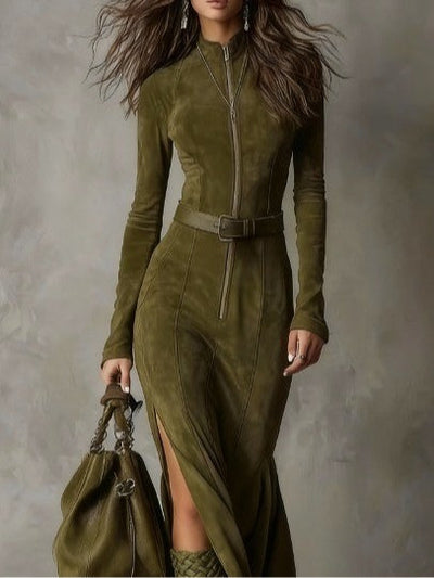 Retro Grüne Maxi-Kleid mit Reißverschluss und Taillengürtel