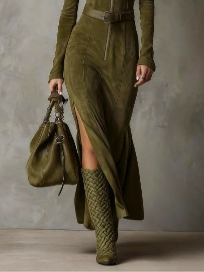 Retro Grüne Maxi-Kleid mit Reißverschluss und Taillengürtel