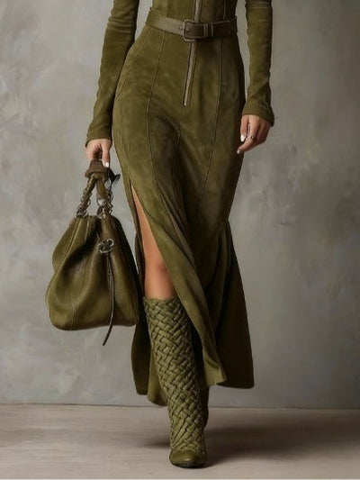 Retro Grüne Maxi-Kleid mit Reißverschluss und Taillengürtel