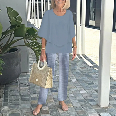 Casira™ - Lässiges Set mit gemusterter Hose und Rundhals-Oberteil für Damen